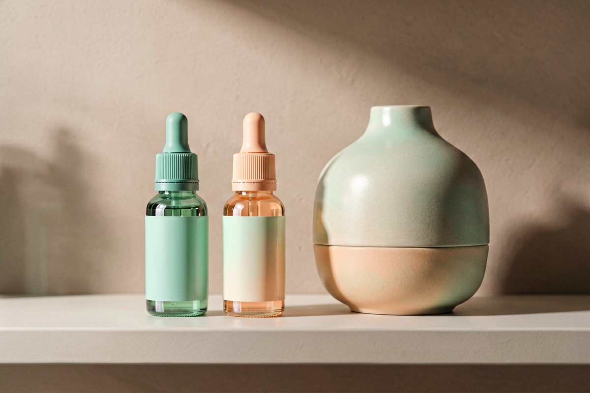 Editorial close-up macro shot. Two unmarked essential oil bottles beside a ceramic diffuser on a clean shelf