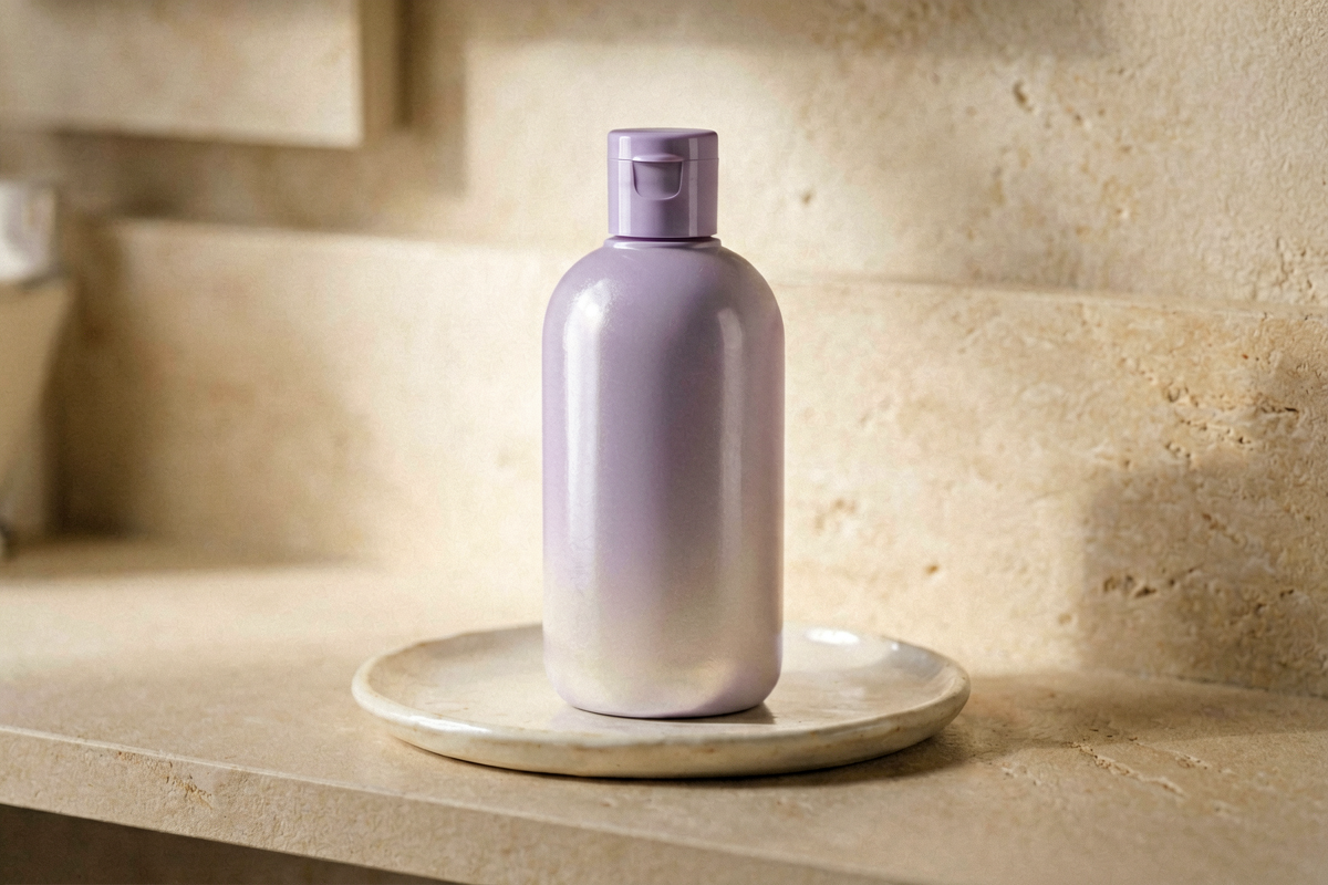 Topic anchor object: body lotion bottle for dry rough skin care. Photorealistic close-up still life of a plain unbranded