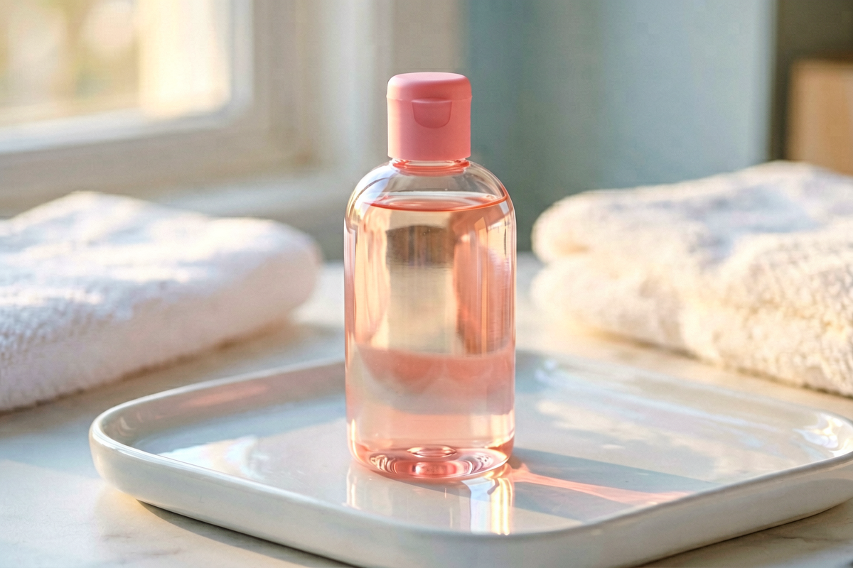 Editorial close-up macro shot. A single generic transparent cleansing bottle with a soft pink cap on a white ceramic tra