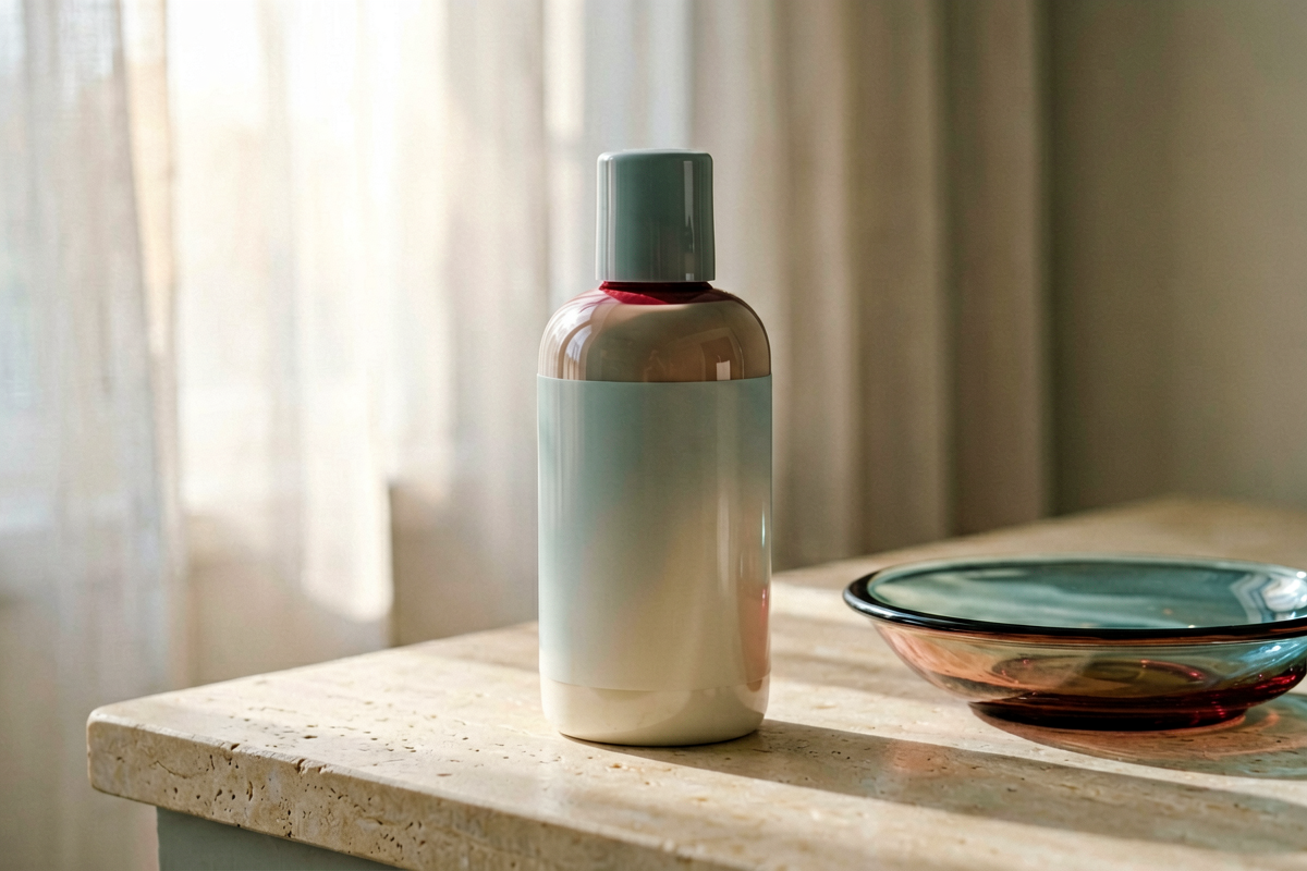 Editorial close-up still life. A single unmarked facial cleanser bottle from the same visual family on a light stone cou