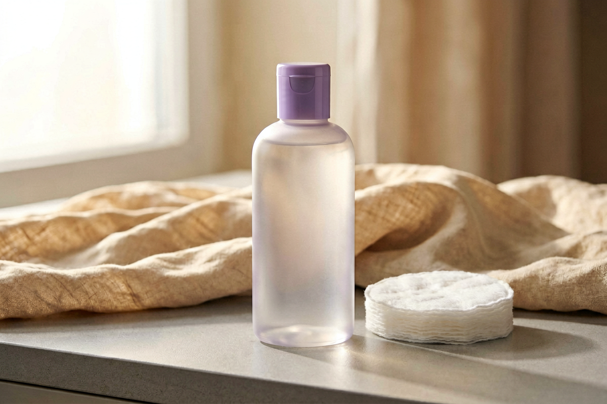 Category anchor: skincare cleansing bottle. Photorealistic close-up still life of one blank unlabeled translucent cleans