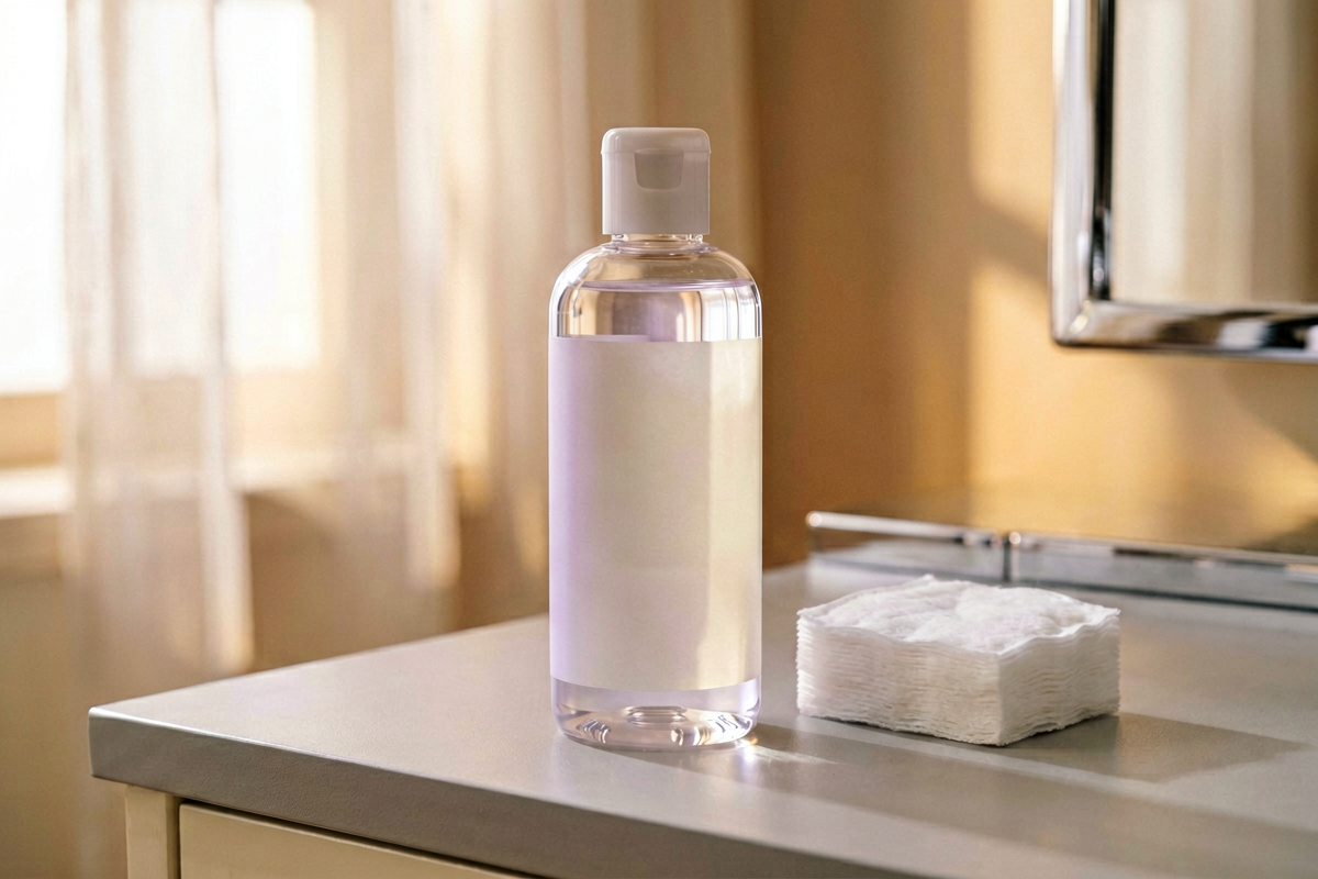 Category anchor: micellar water bottle. Photorealistic close-up still life of one blank unlabeled translucent micellar w