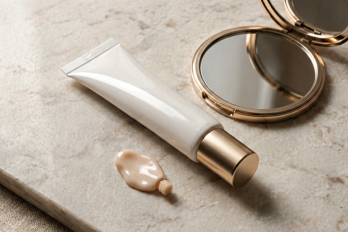 Topic anchor object: eye cream tube for travel. Photorealistic close-up still life of one blank eye cream tube near a co