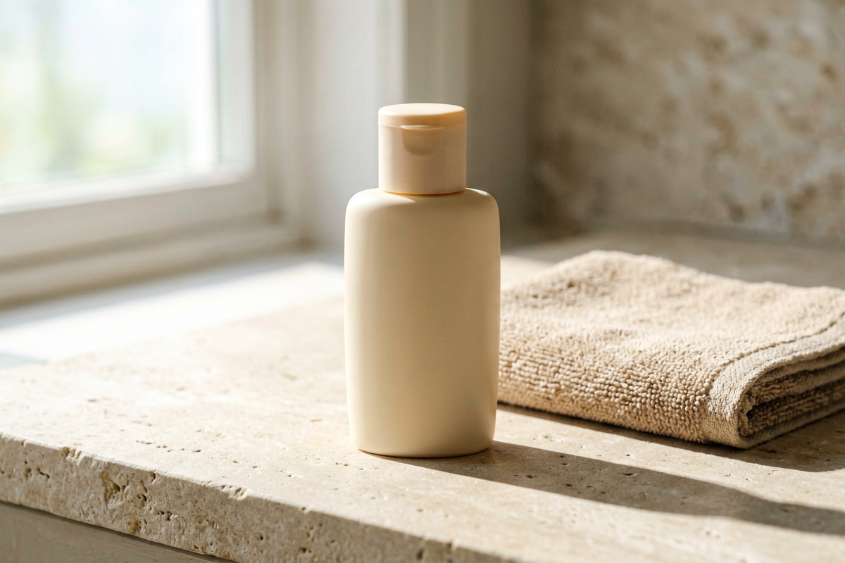 Category anchor: sunscreen bottle. Photorealistic close-up of one unmarked facial sunscreen bottle on a light stone surf