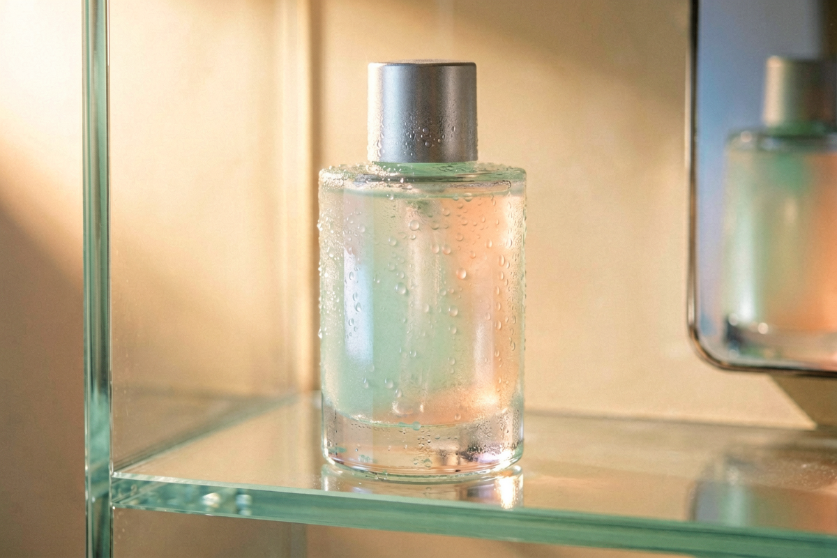 Editorial close-up macro still life. A single unmarked face mist bottle on a clean shelf with soft summer side light