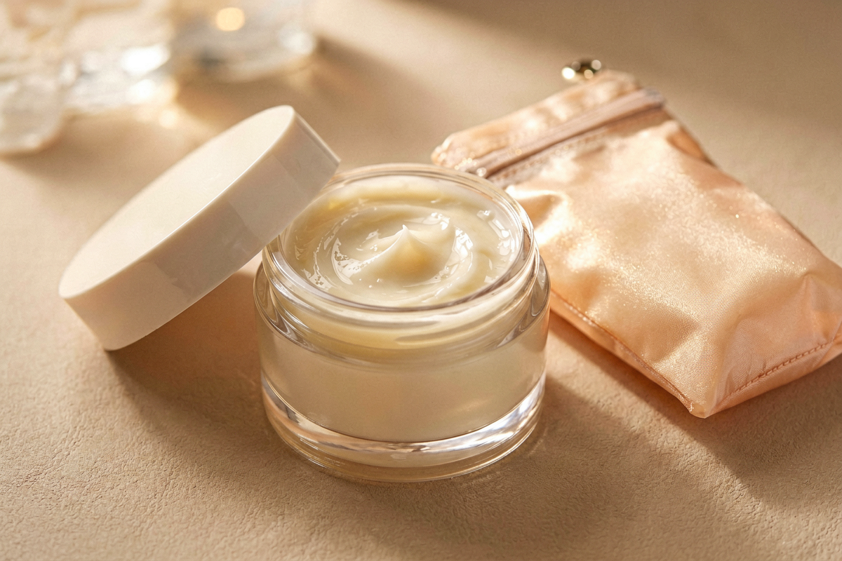 Topic anchor: cleansing balm / travel skincare cleanser. Photorealistic close-up still life of one open generic cleansin