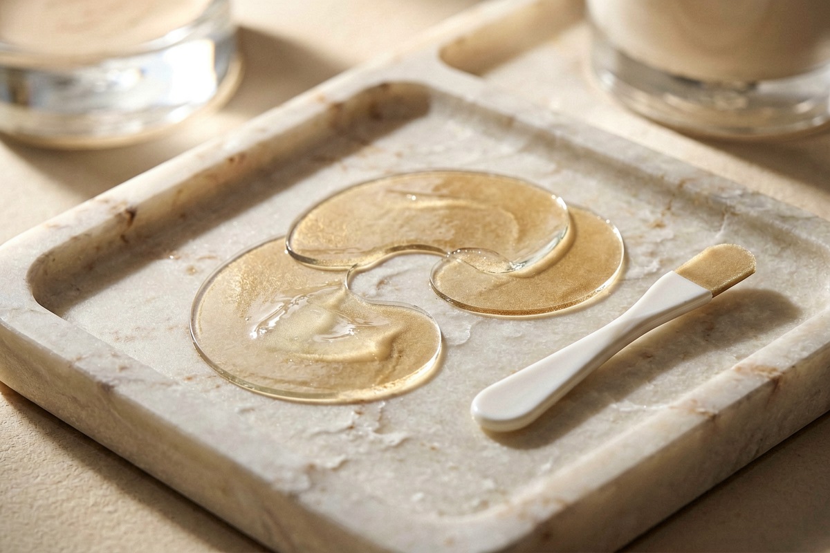 Photorealistic close still life of translucent under-eye patches with a small spatula on a pale stone tray