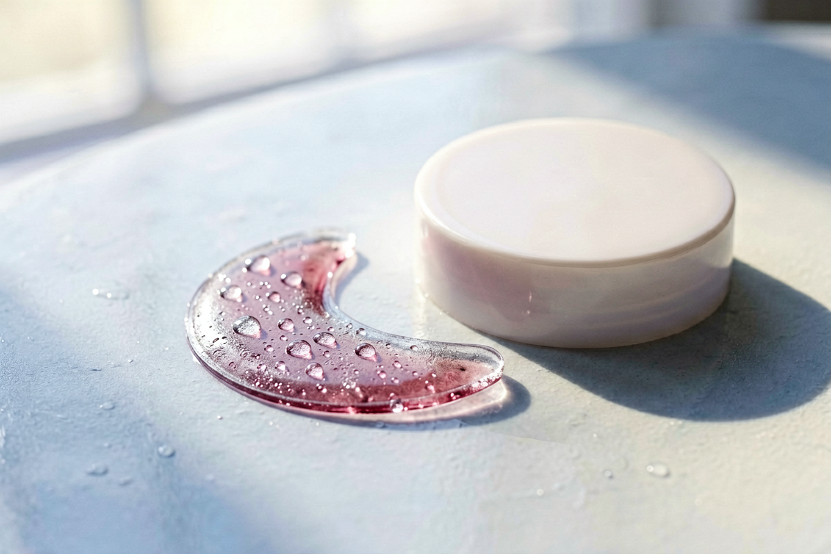 Editorial close-up macro shot. One crescent under-eye hydrogel patch beside a blank jar lid on a cool tabletop with a fa