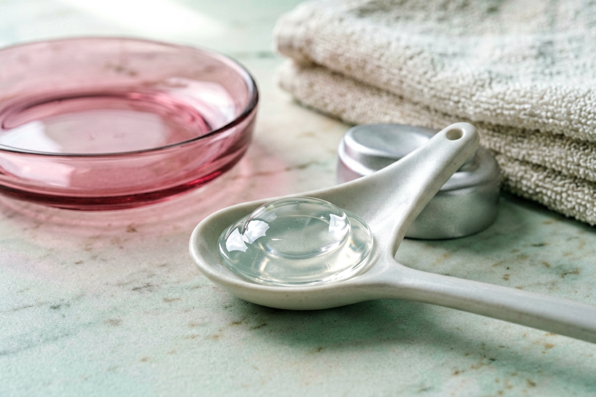 Editorial close-up macro shot. One hydrogel patch on a ceramic spoon beside a smooth unlabeled jar lid and a folded towe