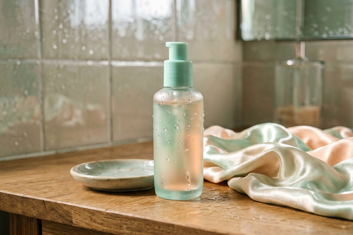 Category anchor: hydrating serum / post-cleansing skincare step. Photorealistic close still life of one generic unlabele