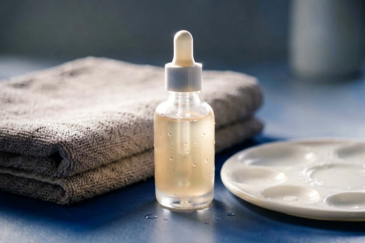 Category anchor: generic beauty product. Photorealistic close-up beauty still life with one unlabeled serum bottle with 
