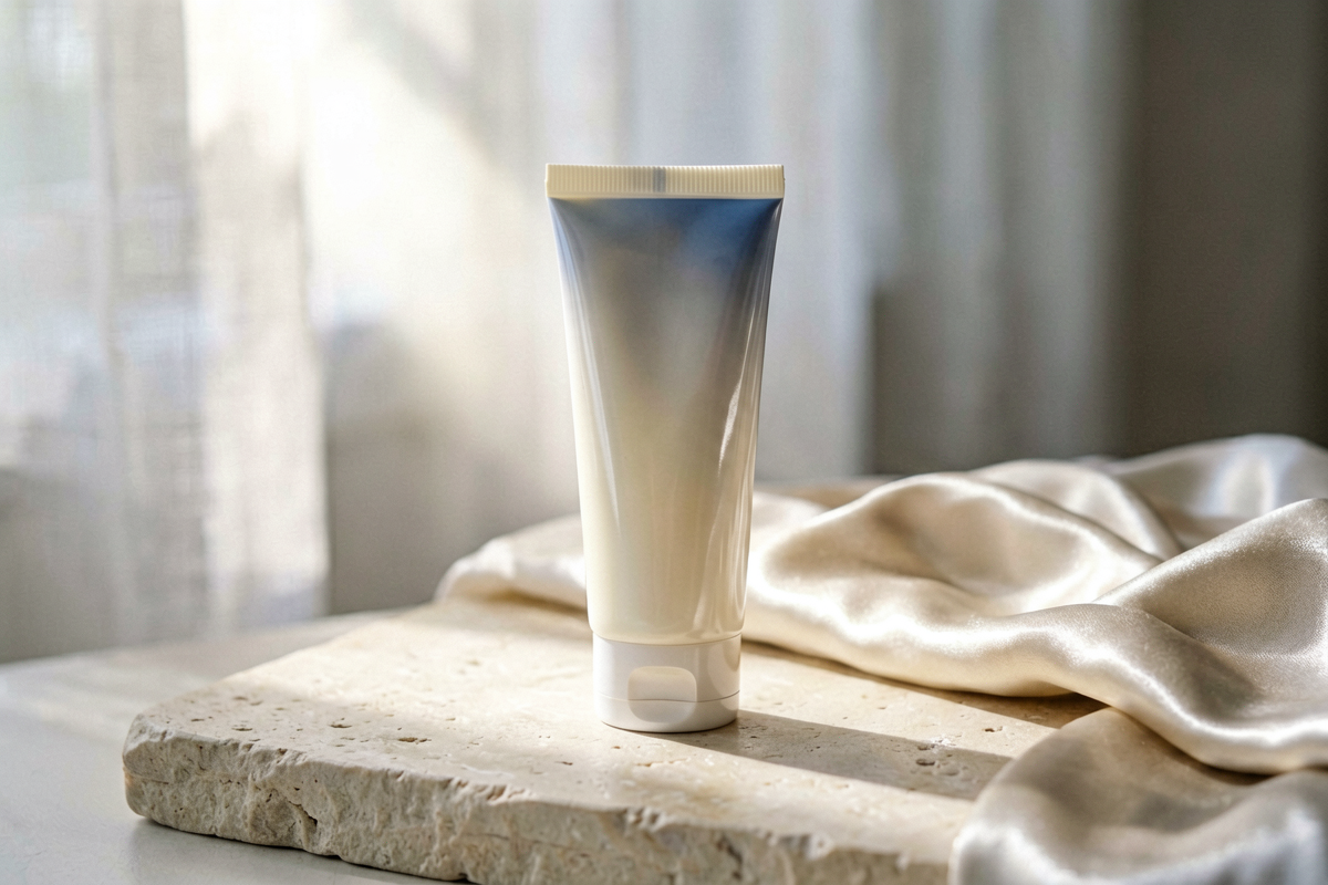 Topic anchor: sensitive-skin daily cream / calm pharmacy-style facial care. Photorealistic close-up still life of one un