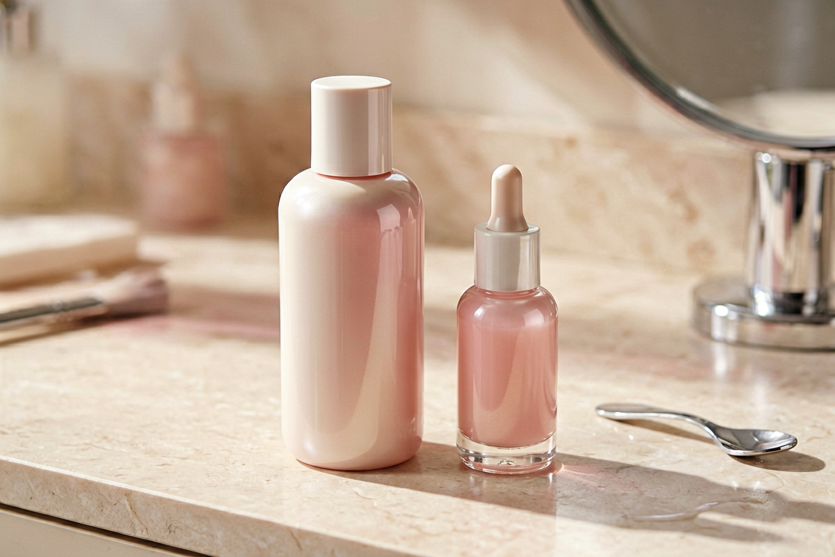 Topic anchor object: toner bottle before serum in a face-care routine. Photorealistic editorial close-up still life of o