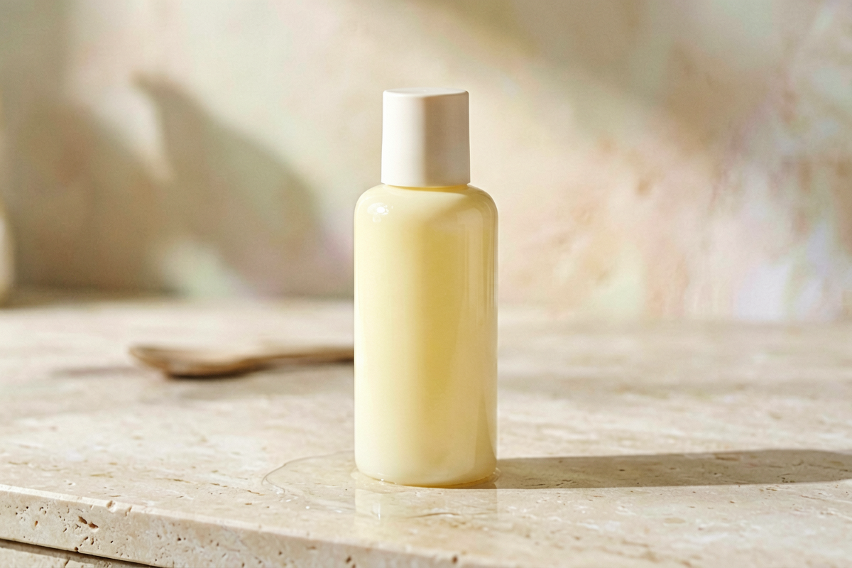 Topic anchor object: hydrating toner for face care after washing. Photorealistic editorial close-up still life of one ge