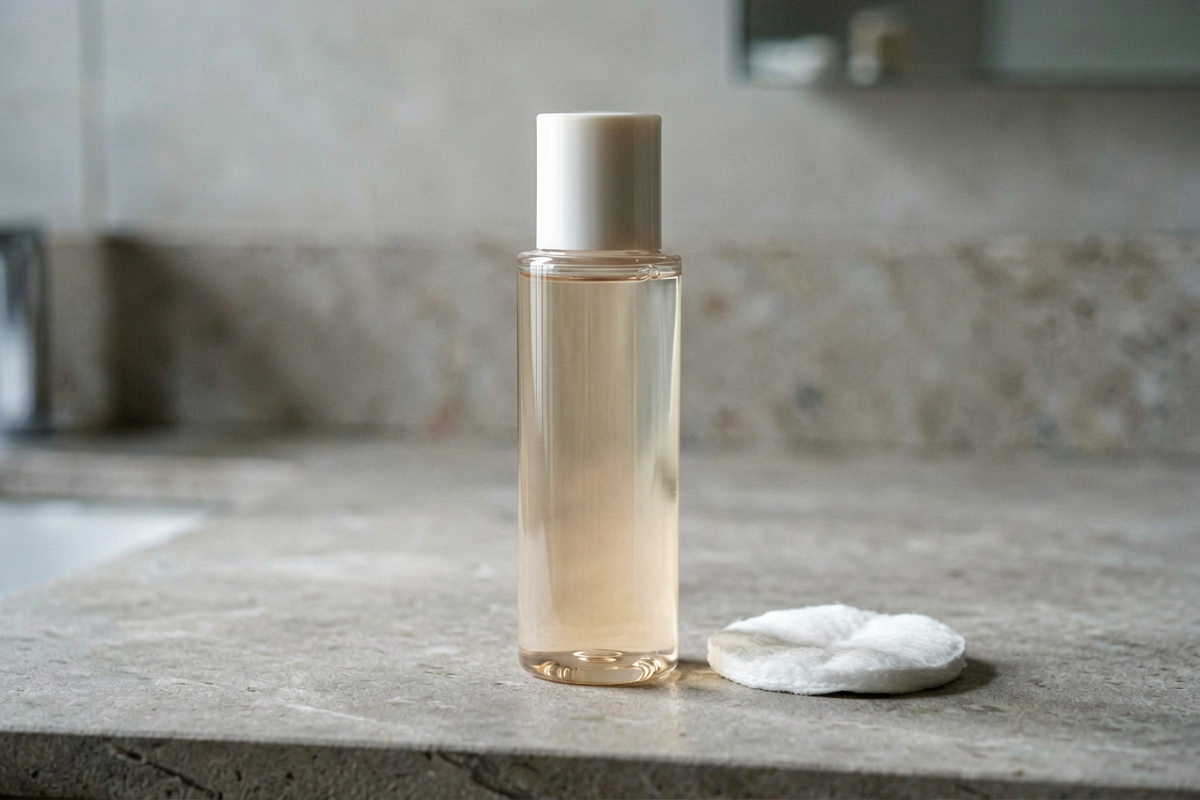 Category anchor: face toner / oily skin skincare / tall toner bottle. Photorealistic close editorial still life of one s