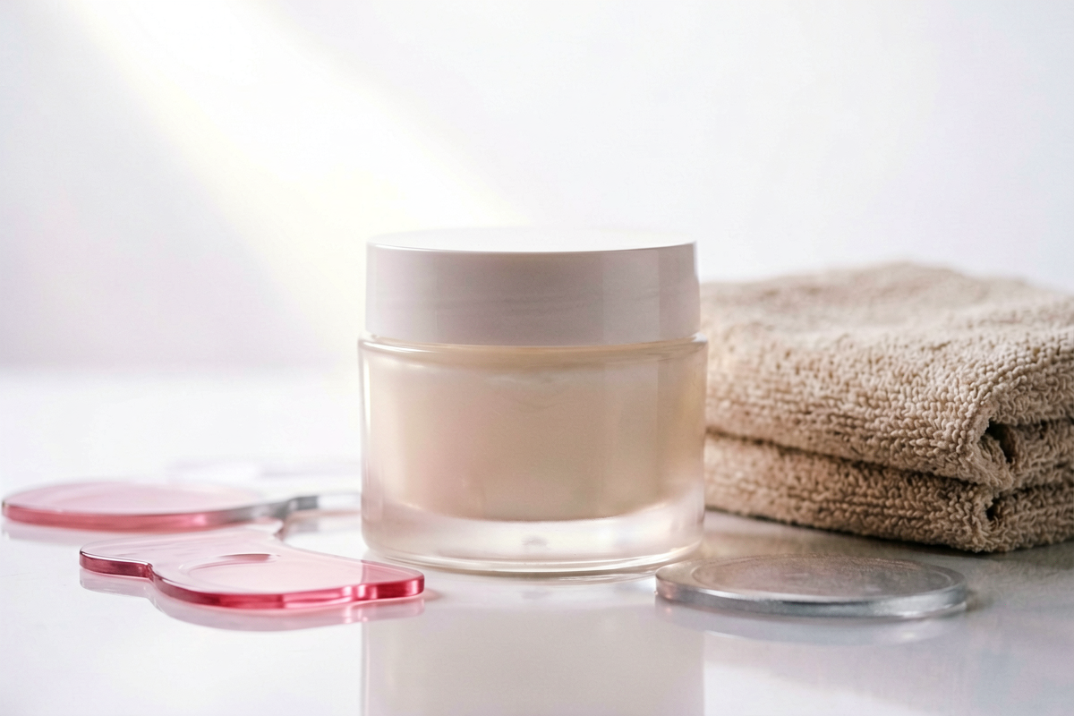 Category anchor: moisturizer cream jar. Photorealistic close-up beauty still life with one unlabeled face cream jar besi