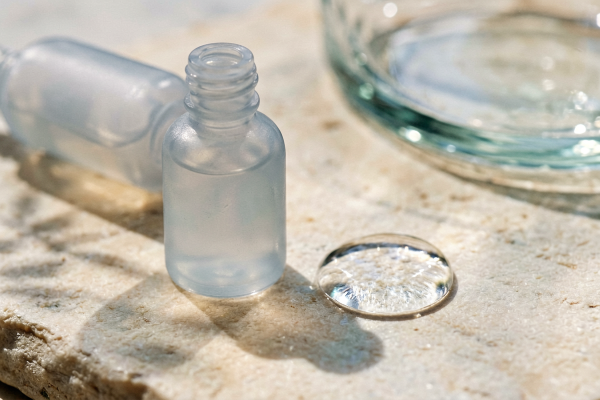 Editorial close-up macro shot. One unmarked translucent serum bottle from the same visual family beside a clear water dr
