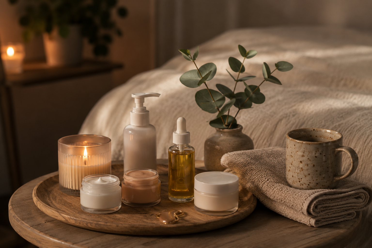 Средства для Sunday self-care на подносе