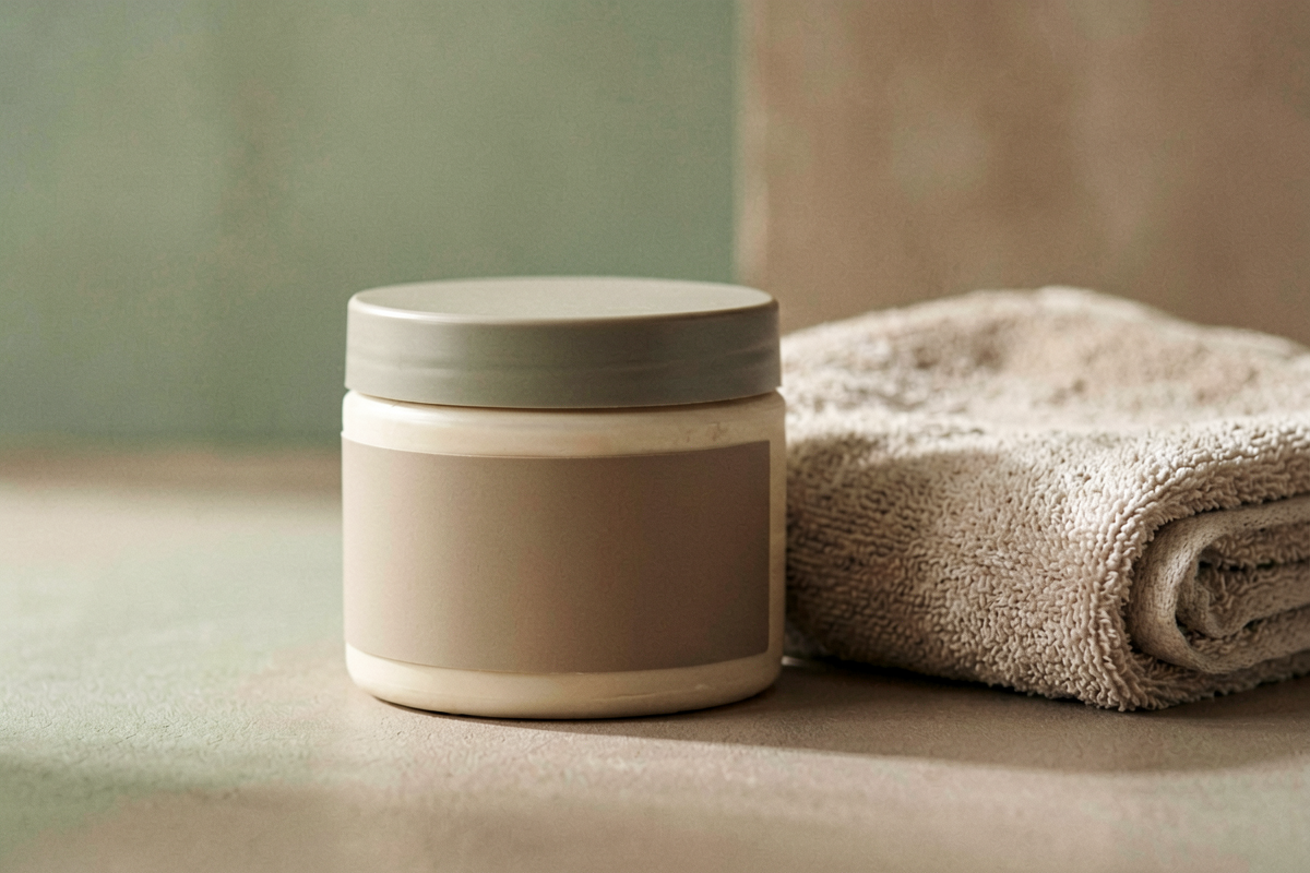 Category anchor: generic beauty product. Photorealistic close-up beauty still life with one unlabeled hair mask jar besi