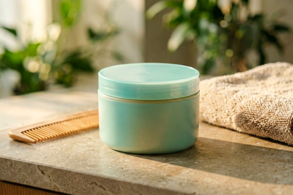 Topic anchor: hair mask for long hair / rinse-off mask for damaged lengths. Photorealistic close-up still life of one un