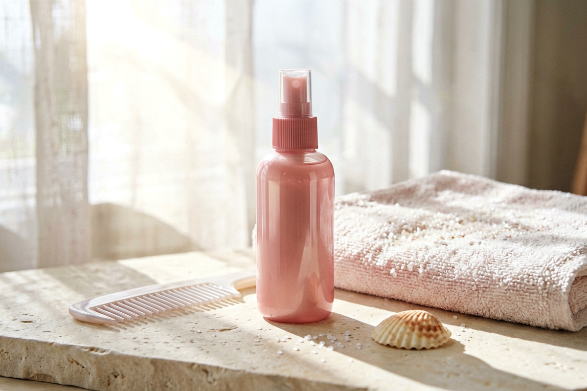 Topic anchor: beach leave-in hair care spray bottle for salt protection. Photorealistic close-up still life of one unlab