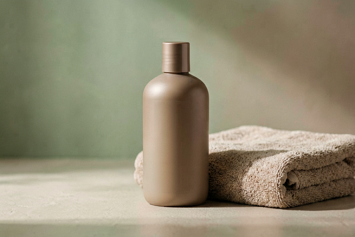 Category anchor: generic beauty product. Photorealistic close-up beauty still life with one unlabeled shampoo bottle bes