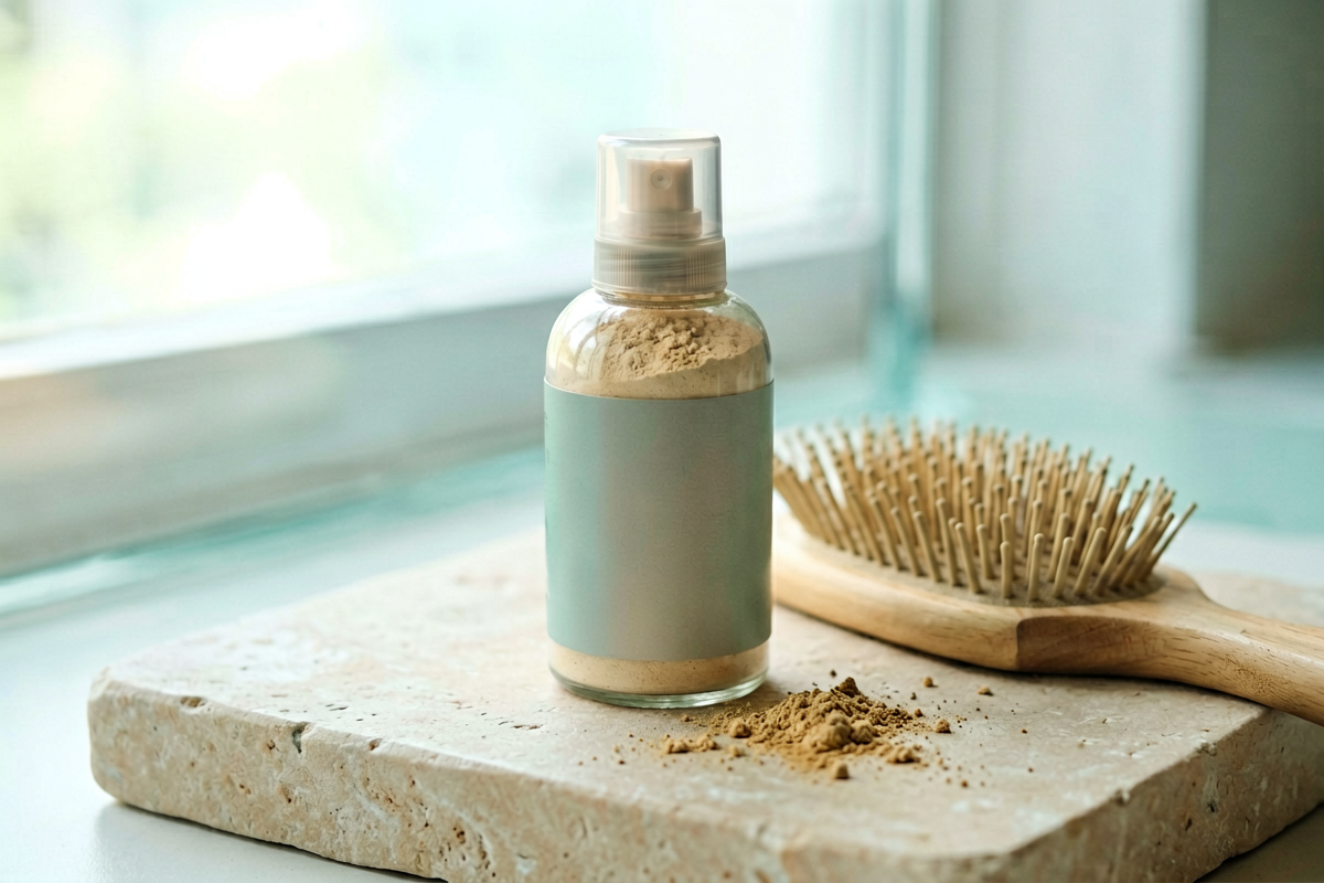 Editorial close-up macro shot. One unlabeled matte ceramic powder jar for non-aerosol dry shampoo resting on pale stone