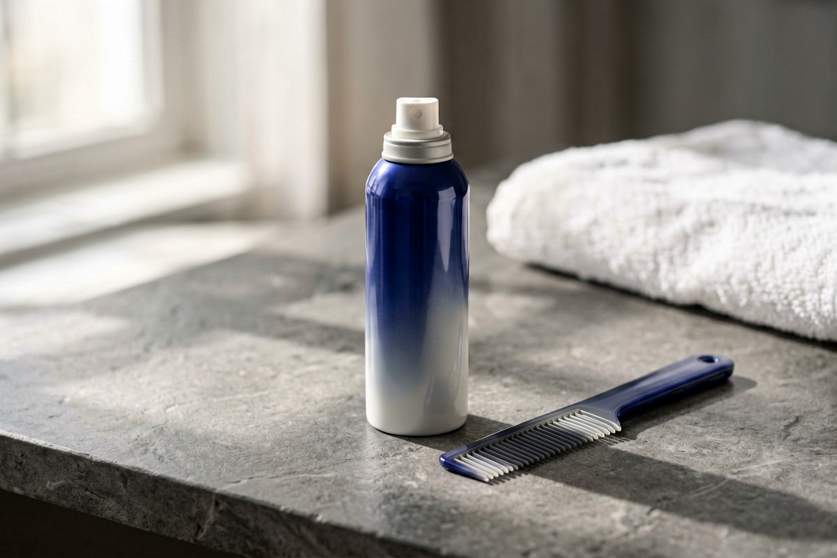 Topic anchor: сухой шампунь в дорогу. Photorealistic close-up still life of one unlabeled compact aerosol can near a sma