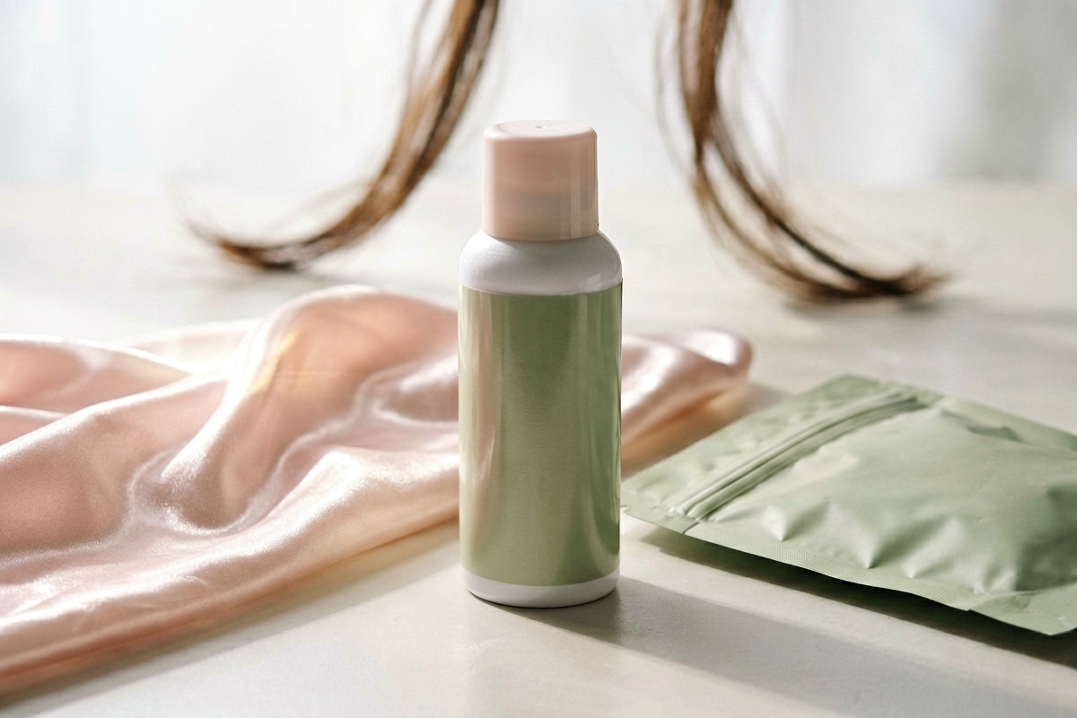 Editorial close-up macro shot. A single unmarked dry shampoo can cap and upper shoulder on a clean tabletop beside a pou