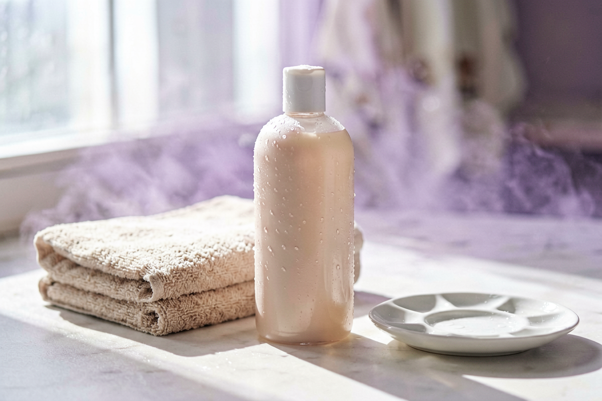 Category anchor: generic beauty product. Photorealistic close-up beauty still life with one unlabeled shampoo bottle bes