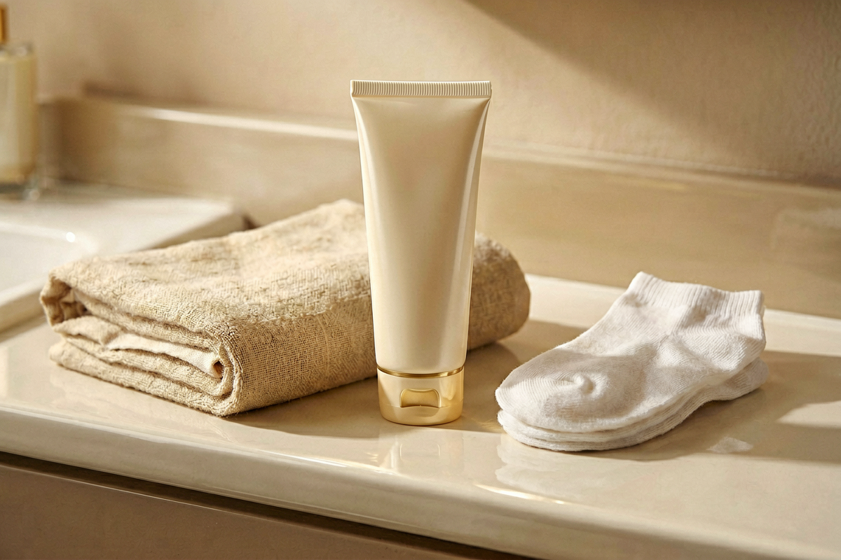 Editorial close-up still life. A single unmarked cream tube beside a folded towel and cotton socks on a minimal bathroom