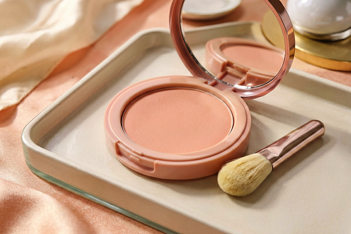 Editorial close-up macro shot of cream blush for daytime makeup. Photorealistic close-up still life of one unlabeled cre