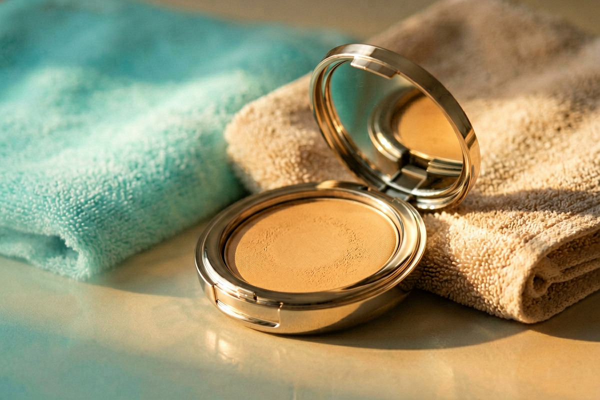 Category anchor: generic beauty product. Photorealistic close-up beauty still life with one unlabeled bronzer compact be