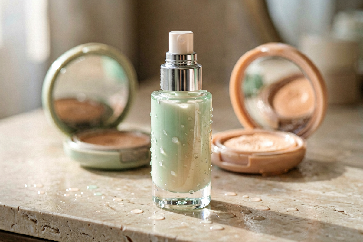 Photorealistic close-up beauty still life of a single generic unlabeled cosmetic mist bottle standing on a pale stone co