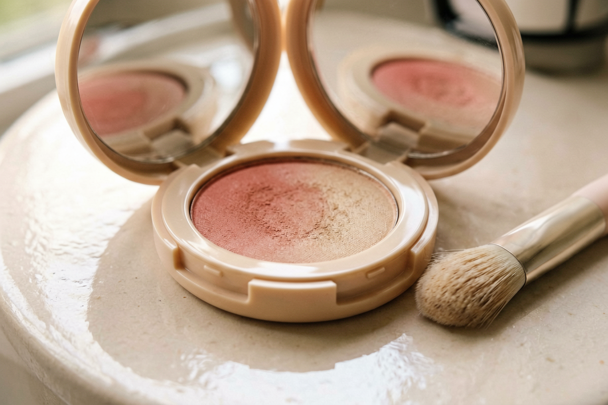 Macro editorial close-up of cream eyeshadow. An open unmarked cream eyeshadow pot with visible eyeshadow surface on a li