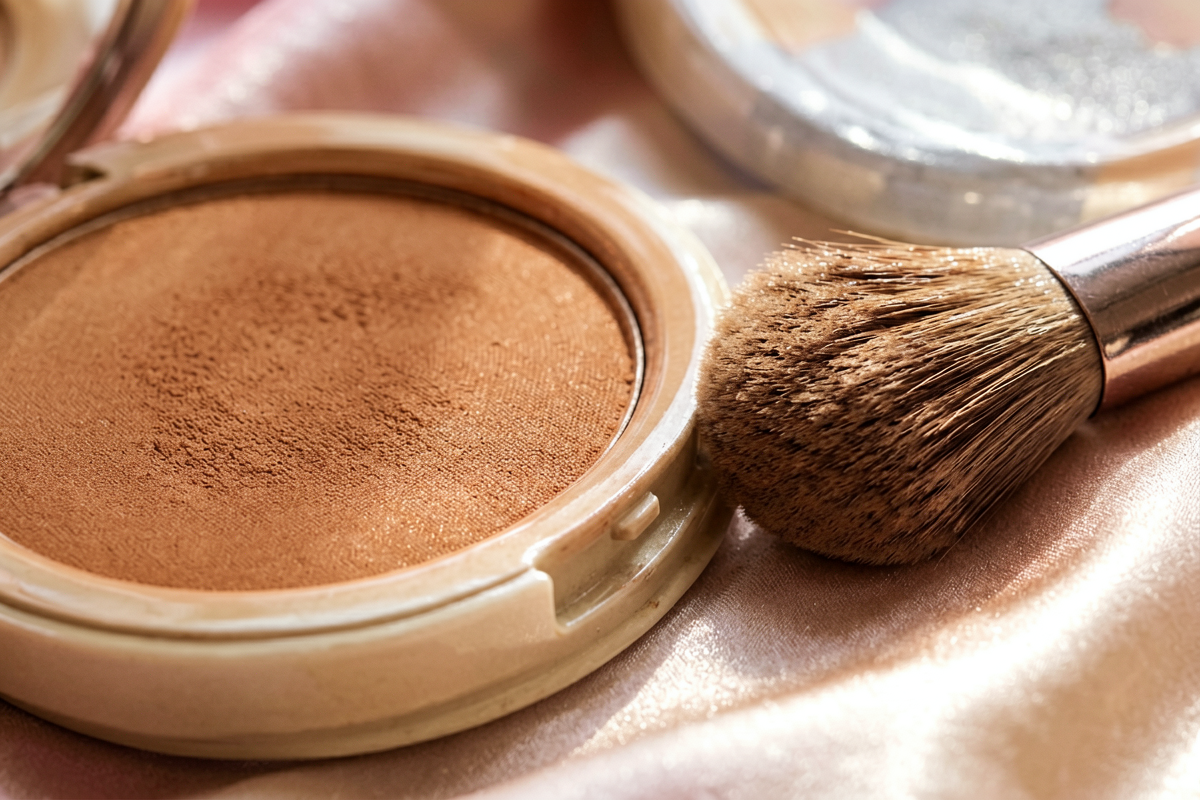 Editorial close-up macro shot. The edge of an unlabeled warm bronzer compact with visible satin powder texture beside so