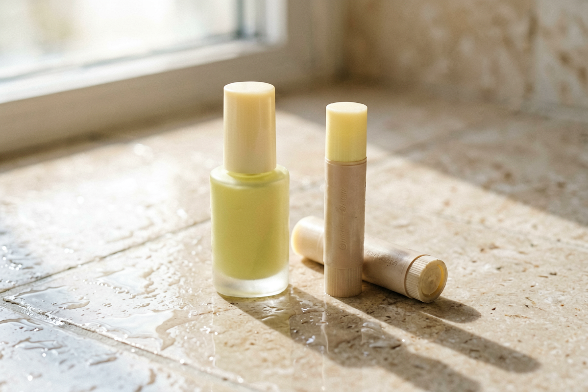 Topic anchor object: compact cuticle oil bottle. Photorealistic close editorial still life of one unlabeled compact cuti