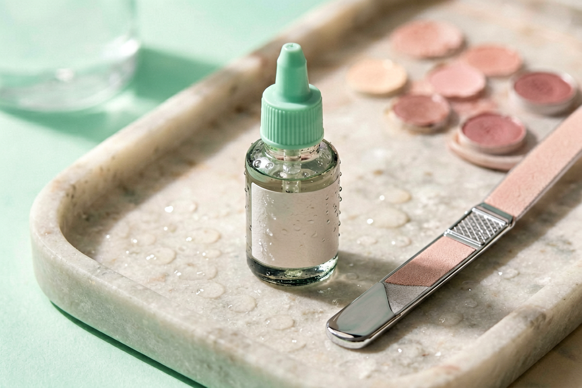 Editorial close-up macro shot. A single unmarked cuticle oil dropper bottle on a clean stone tray near one manicure file