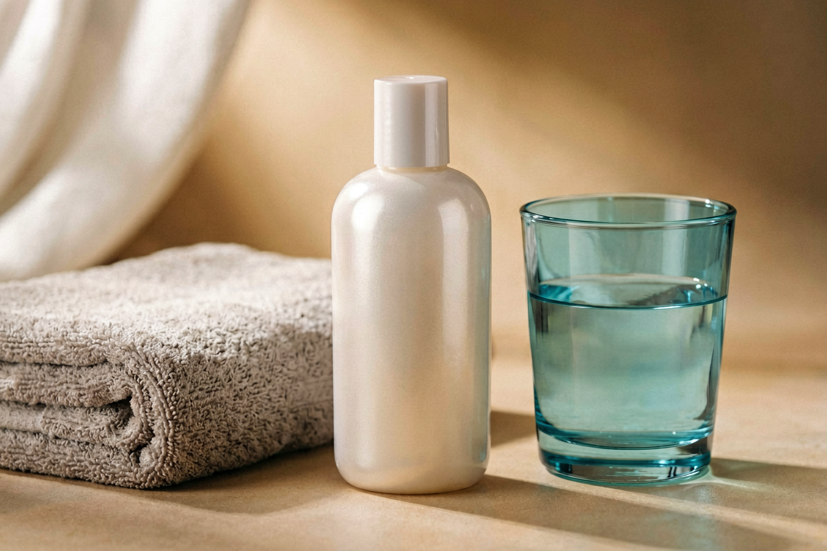 Category anchor: generic beauty product. Photorealistic close-up beauty still life with one unlabeled body milk bottle b