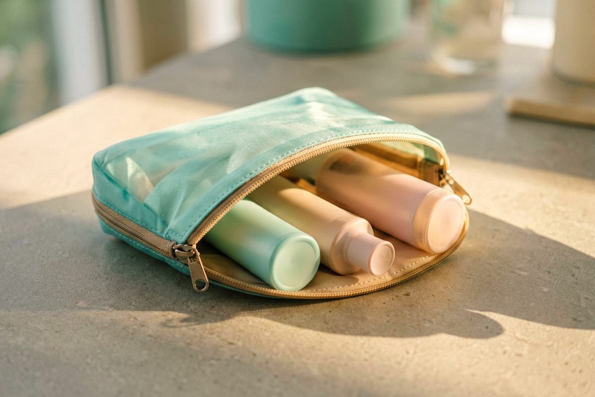 Topic anchor object: compact office beauty pouch detail. Photorealistic close-up still life of a partly open compact pou