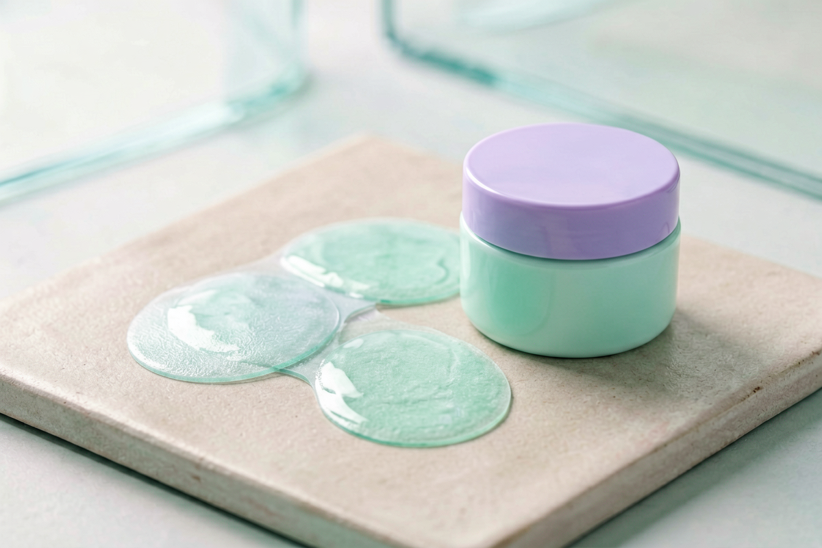 Category anchor: eye patches / morning under-eye care / hydrogel patch. Photorealistic close editorial still life of one