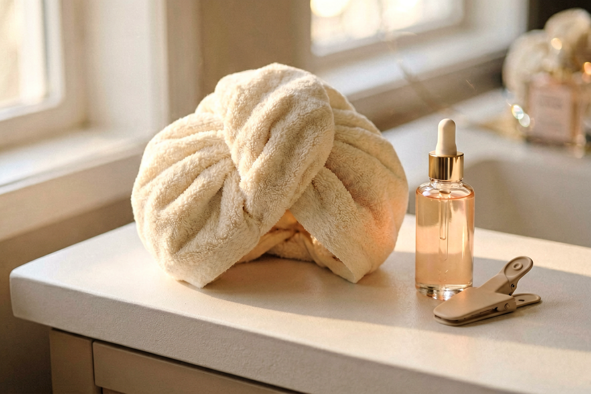 Topic anchor object: microfiber hair towel turban. Photorealistic editorial close-up of a twisted plain hair towel turba