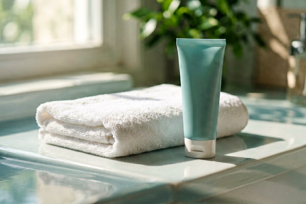 Topic anchor object: folded towel beside a generic cooling gel tube. Photorealistic close editorial still life for after