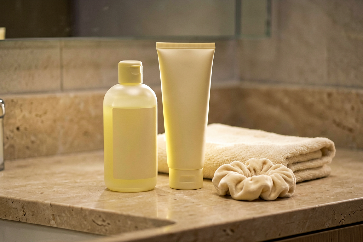 Topic anchor object: evening post-workout self-care set on a bathroom counter with lotion bottle