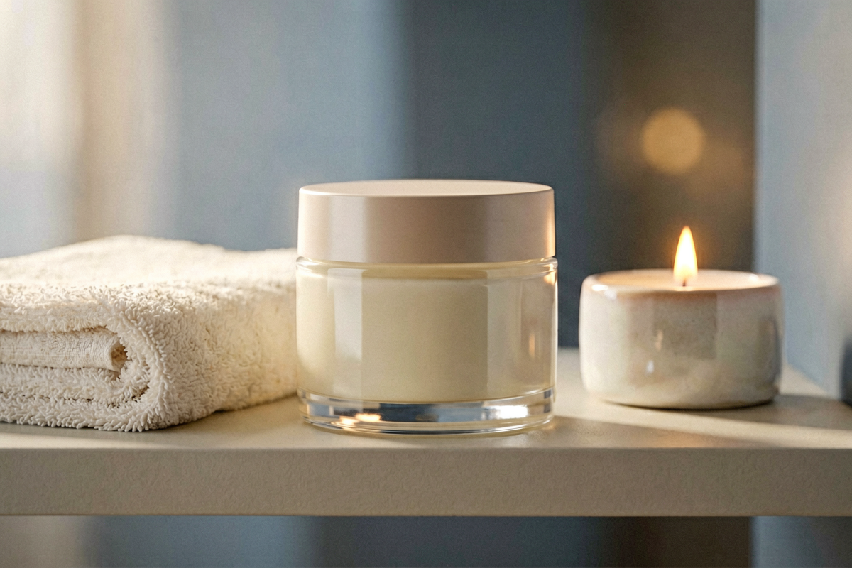 Photorealistic close-up still life for the topic мини-ритуал после душа перед сном. One blank unmarked body cream jar pl