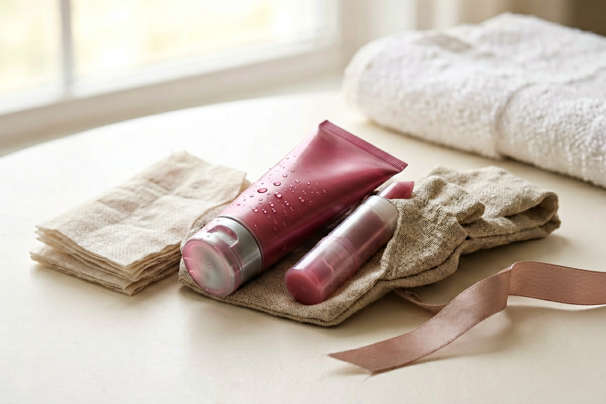 Editorial close-up macro still life. An unlabeled hand cream tube and a blank lip balm tucked into a linen pouch beside