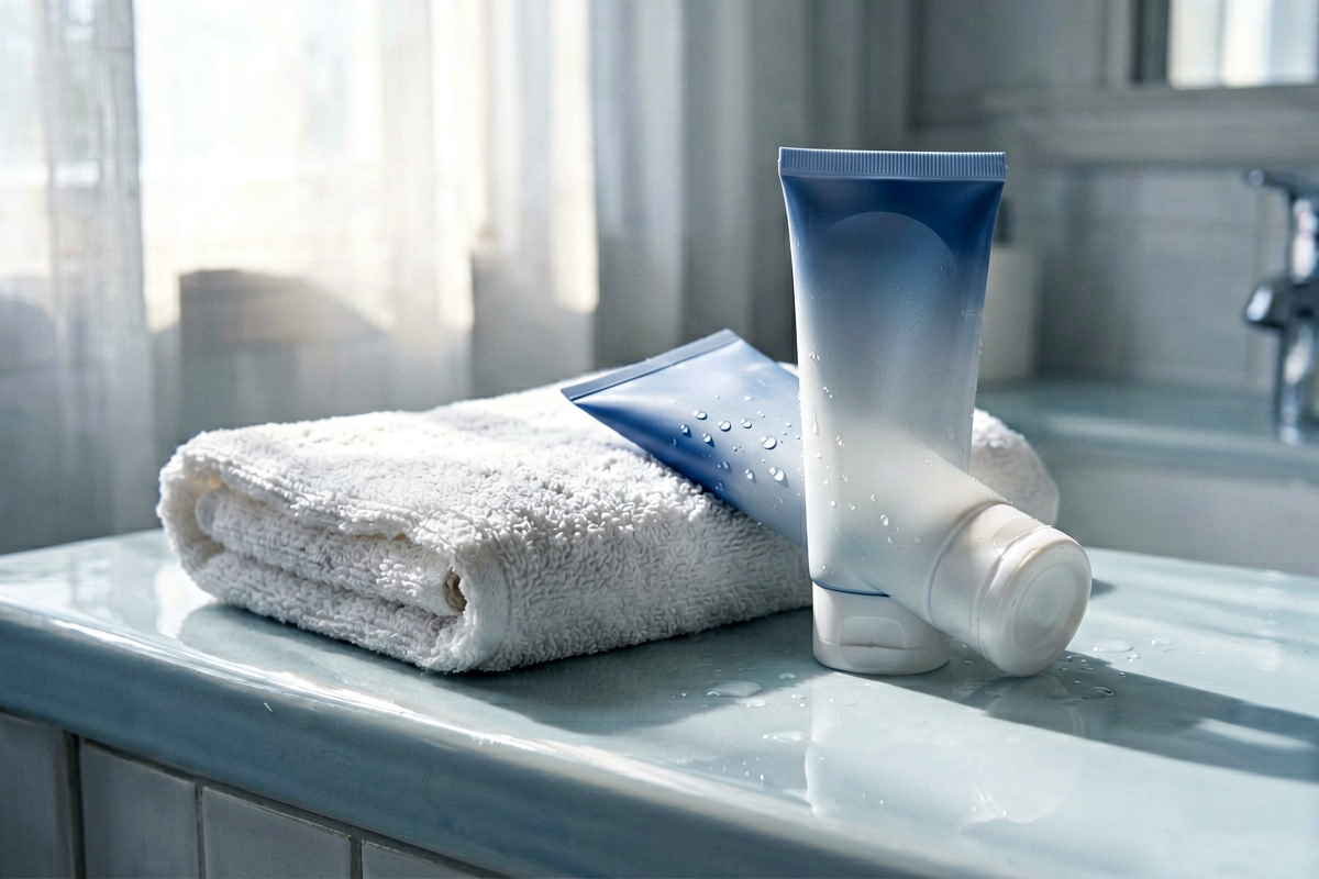 Topic anchor object: folded towel beside a generic cooling gel tube. Photorealistic close editorial still life for after