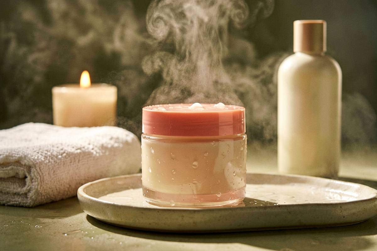 Editorial close-up beauty still life. One plain unlabeled body cream jar on a ceramic tray near a folded towel