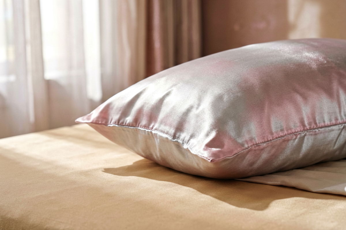 Topic anchor: silk pillowcase for sleep / bedding. Photorealistic close-up still life of one unlabeled silk pillowcase c