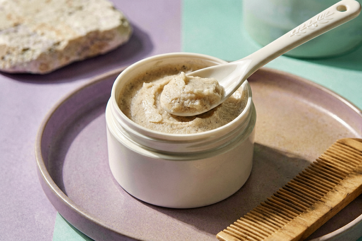 Editorial macro still life of scalp scrub after styling product buildup. Photorealistic close-up of a plain open scrub j